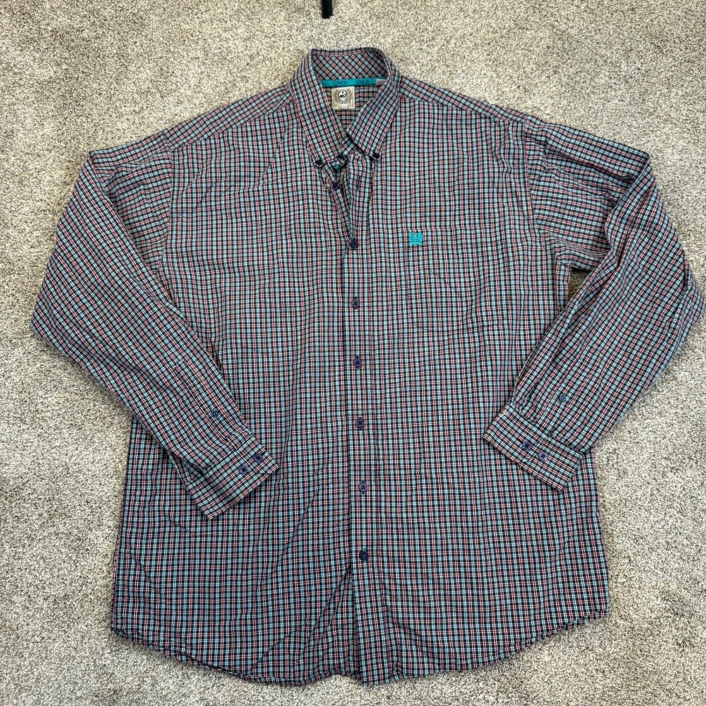 Cinch Mens Plaid Button Down Shirt Red Blue White Long Sleeve Cotton Large